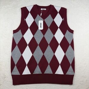 Coofandy V-Neck Sweater Vest Men's SMALL Red/Gray Argyle Sleeveless Pullover NWT